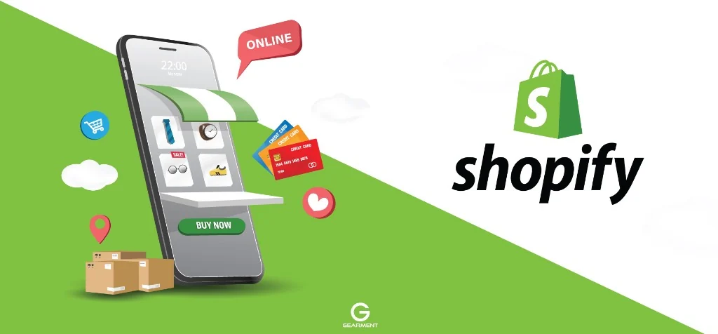 Illustration of a mobile Shopify storefront with cart, payments, and shipping, next to Shopify branding.